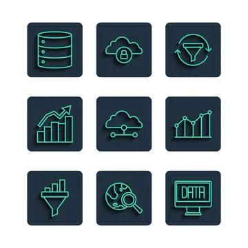 Set line Sales funnel with chart, Search globe, Data analysis, Network cloud Illustrazione stock