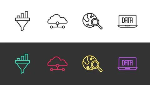Set line Sales funnel with chart, Network cloud connection, Search globe and Stock Illustration
