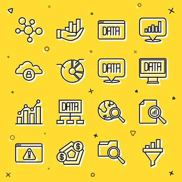 Set line Sales funnel with chart, Document graph, Data analysis, Pie infographic Stock Illustration