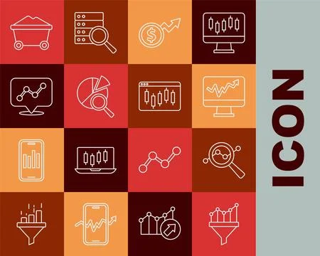 Set line Sales funnel with chart, Search data analysis, Monitor graph, Financial Stock Illustration
