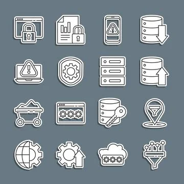 Set line Sales funnel with chart, Location sales, Server, Data, Web Hosting Ilustración de archivo