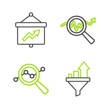 Set line Sales funnel with chart, Search data analysis, and Board graph icon Illustrazione stock