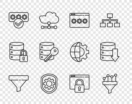 Set line Sales funnel, with chart, Password protection, Shield settings gea.. Ilustración de archivo