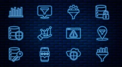 Set line Sales funnel with chart, Location sales, gear, Pie infographic, Se.. Stock Illustration
