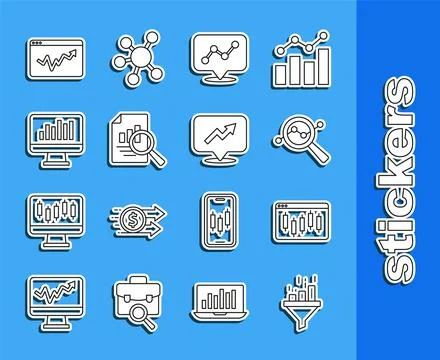 Set line Sales funnel with chart, Browser stocks market, Search data analys.. Illustrazione stock