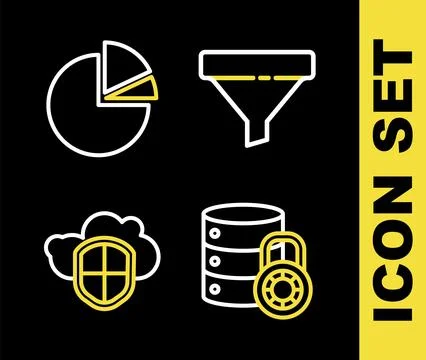 Set line Sales funnel, Server security with lock, Cloud and shield and Pie chart 스톡 일러스트