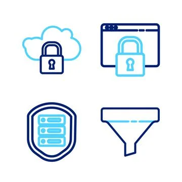 Set line Sales funnel, Server with shield, Secure your site HTTPS, SSL and Cloud 库存插图