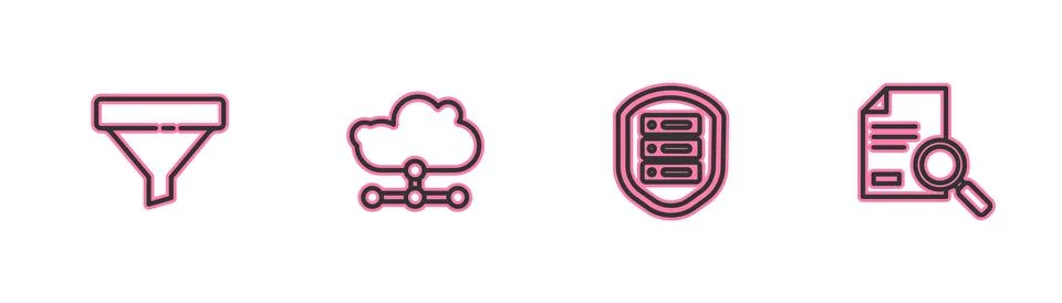 Set line Sales funnel, Server with shield, Network cloud connection and Docum Stock Illustration
