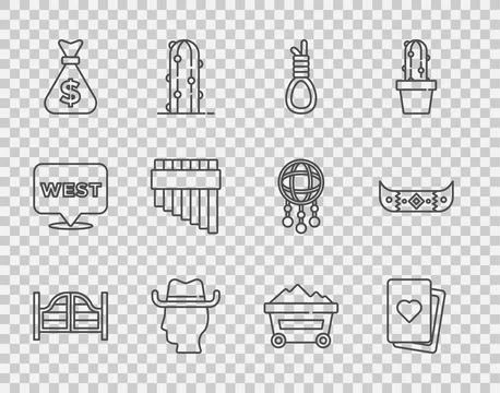 Set line Saloon door, Deck of playing cards, Gallows rope loop hanging, Cowboy Stock Illustration