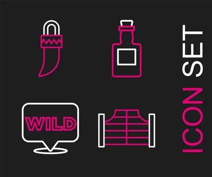 Set line Saloon door, Pointer to wild west, Tequila bottle and Tooth icon Illustrazione stock