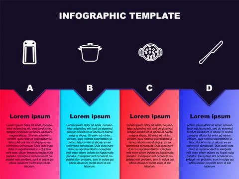 Set line Salt and pepper, Cooking pot, soup and Knife. Business infographic t Stock-Illustration