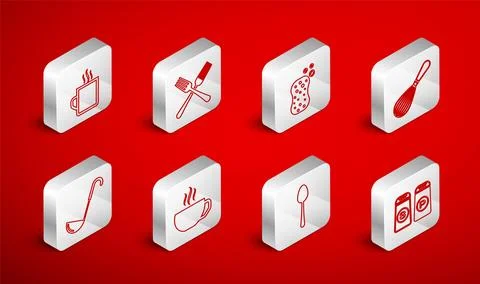 Set line Salt and pepper, Crossed fork, Sponge with bubbles, Kitchen whisk,.. Illustrazione stock