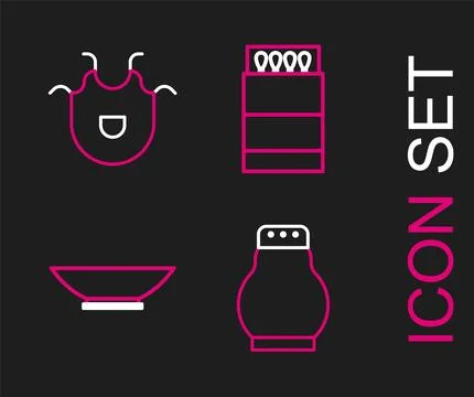Set line Salt and pepper, Bowl, Open matchbox matches and Kitchen apron ico.. Stock Illustration