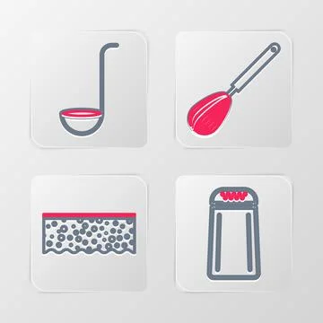Set line Salt and pepper, Sponge with bubbles, Kitchen whisk and ladle icon.. Stock Illustration