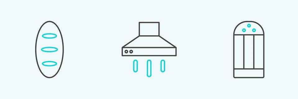 Set line Salt, Bread loaf and Kitchen extractor fan icon. Vector Stock Illustration