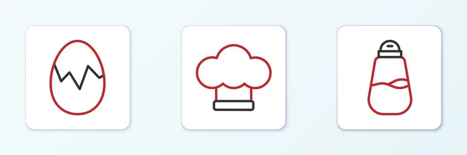 Set line Salt, Broken egg and Chef hat icon. Vector Stock Illustration