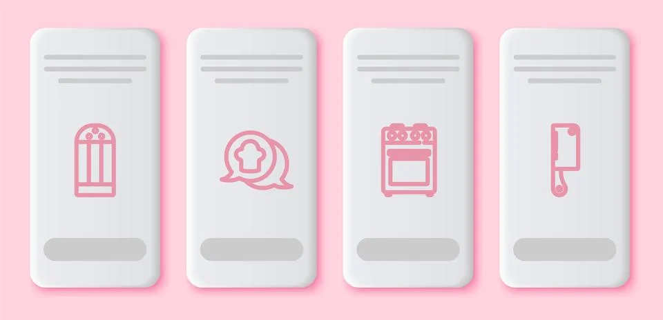 Set line Salt, Chef hat in speech bubble, Oven and Meat chopper. White rectan Illustrazione stock