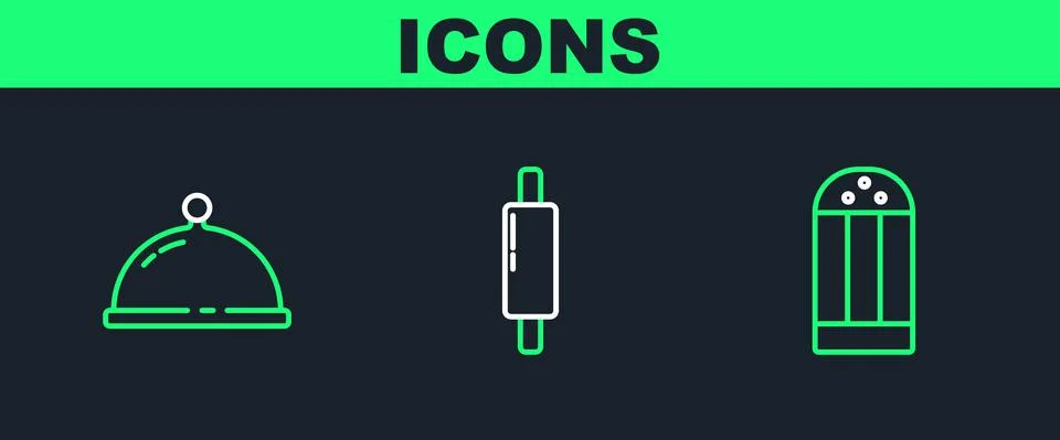 Set line Salt, Covered with tray of food and Rolling pin icon. Vector Illustrazione stock