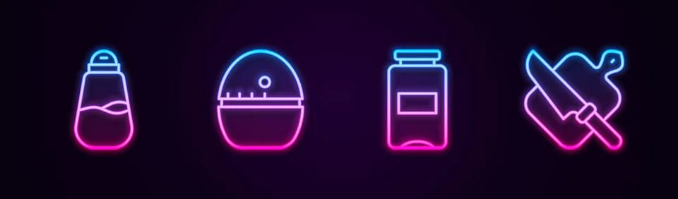 Set line Salt, Kitchen timer, Jam jar and Cutting board and knife. Glowing neon Stock Illustration