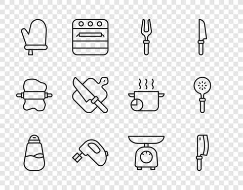 Set line Salt, Meat chopper, Barbecue fork, Electric mixer, Oven glove, Cutting Stock Illustration