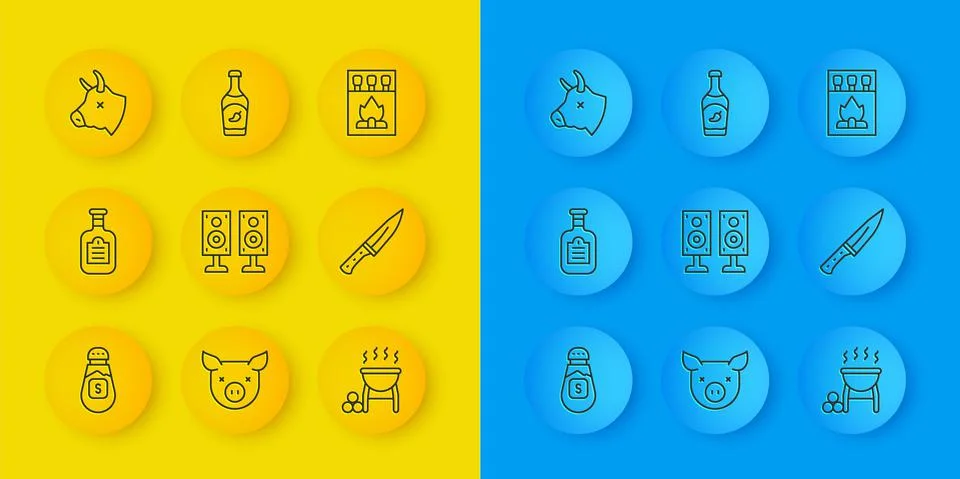 Set line Salt, Sauce bottle, Stereo speaker, Barbecue grill, Meat chopper, Cow Stock Illustration