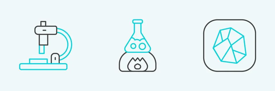 Set line Salt stone, Microscope and Test tube flask fire icon. Vector Stock Illustration