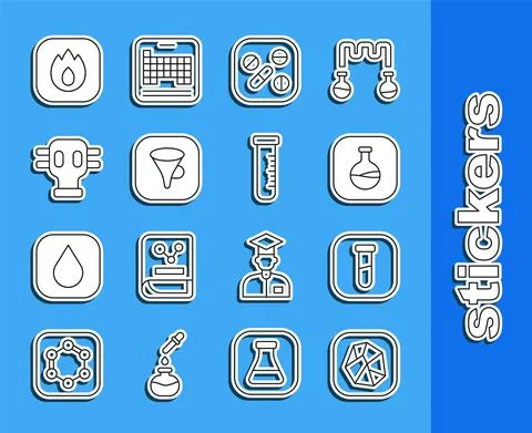 Set line Salt stone, Test tube and flask, Medicine pill or tablet, Funnel filter Stock Illustration