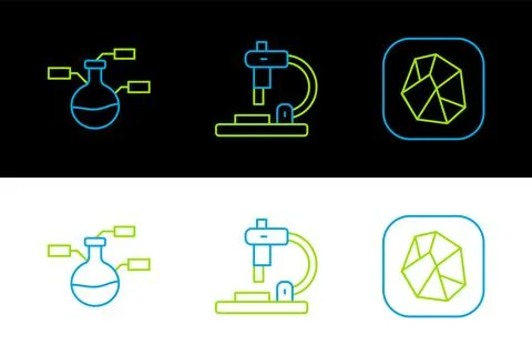 Set line Salt stone, Test tube and flask and Microscope icon. Vector Illustrazione stock