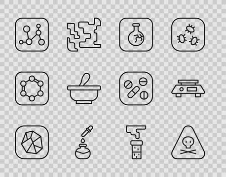 Set line Salt stone, Triangle warning toxic, Cracked flask, Test tube and, .. Stock Illustration