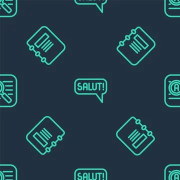 Set line Salut in different languages, Notebook and Translator on seamless Stock Illustration