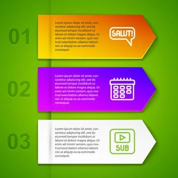 Set line Salut in different languages, School timetable and Video with subt.. Stock Illustration