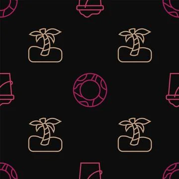 Set line Sand in bucket, Tropical palm tree and Rubber swimming ring on seamless Stock Illustration