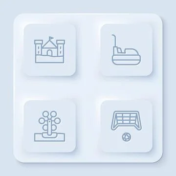 Set line Sand castle, Bumper car, Ferris wheel and Soccer goal with ball. White Ilustración de archivo