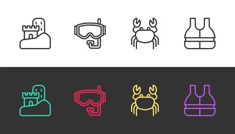 Set line Sand castle, Diving mask, Crab and Life jacket on black and white... Illustrazione stock