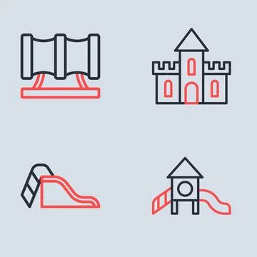 Set line Sand castle, Slide playground,  and Kid slide pipe icon. Vector Stock Illustration