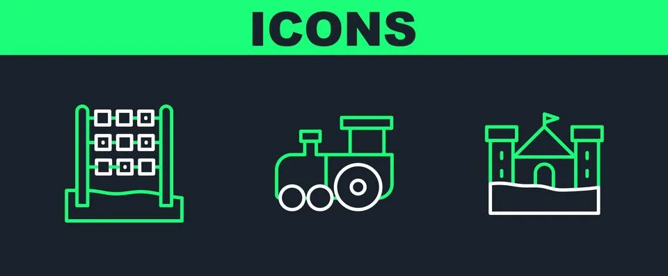 Set line Sand castle, Tic tac toe game and Toy train icon. Vector 스톡 일러스트