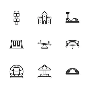 Set line Sandbox with sand, Jumping trampoline, Monkey bar, Seesaw, Bumper .. Stock Illustration