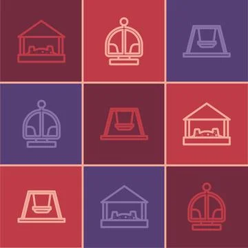 Set line Sandbox with sand, Swing for kids and Attraction carousel icon. Vector Illustrazione stock