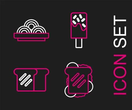 Set line Sandwich, Bread toast, Ice cream and Asian noodles in bowl icon. Vector 스톡 일러스트