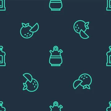 Set line Sangria pitcher, Orange fruit and Orujo on seamless pattern. Vector イラスト素材