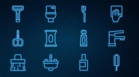 Set line Sanitary tampon, Water tap, Toothbrush, Wet wipe pack, Nail scissors Stock Illustration