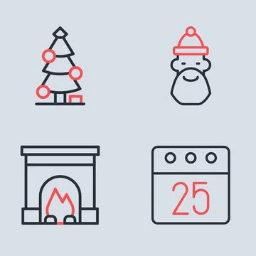 Set line Santa Claus hat and beard, Interior fireplace, Christmas day calen.. Stock-Illustration