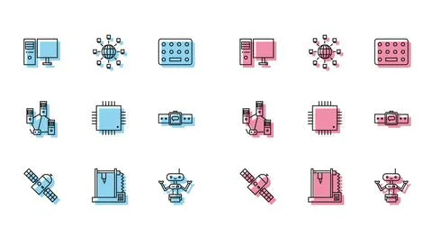 Set line Satellite, 3D printer, Computer monitor, Robot, Processor with 스톡 일러스트
