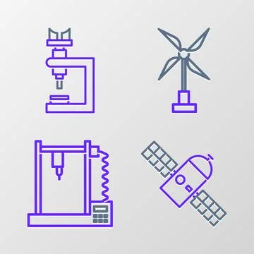 Set line Satellite, 3D printer, Wind turbine and Microscope icon. Vector 스톡 일러스트