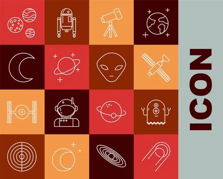 Set line Satellite, Alien, Telescope, Planet, Moon and stars,  and  icon. V.. Stock Illustration