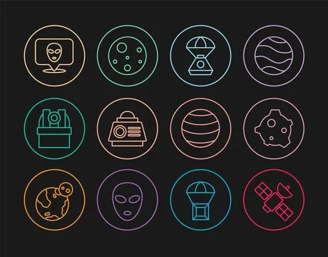 Set line Satellite, Asteroid, Space capsule, Astronomical observatory, Alie.. 库存插图