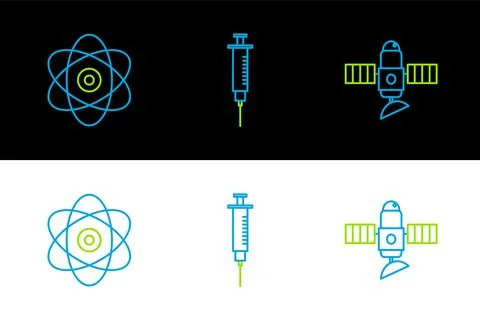 Set line Satellite, Atom and Syringe icon. Vector Stock Illustration