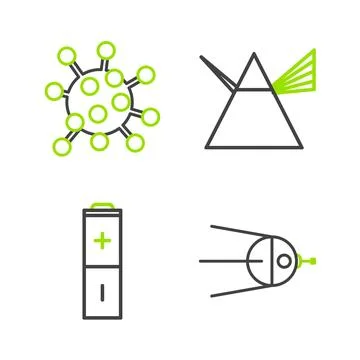 Set line Satellite, Battery, Light rays in prism and Bacteria icon. Vector Stock Illustration