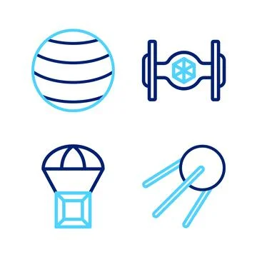 Set line Satellite Box flying on parachute Cosmic ship and Planet icon. Vecto Illustrazione stock