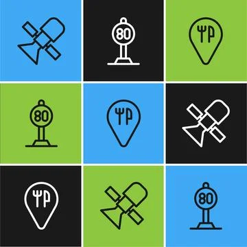 Set line Satellite, Cafe and restaurant location and Speed limit traffic icon Stock-Illustration